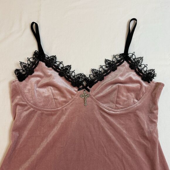 Y2K Slip Dress Women XL Pink Velour Lace Trim Babydoll Fairy Camisole Goth 90s - Picture 6 of 10